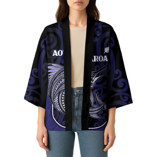 Personalised New Zealand Aotearoa Kimono Blue Marlin Fishing Maori Pattern