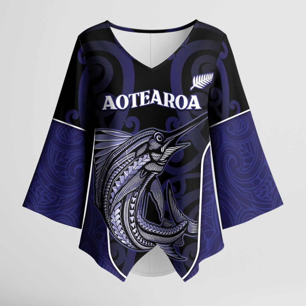 Personalised New Zealand Aotearoa Kimono Sleeve Blouse Blue Marlin Fishing Maori Pattern