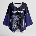 Personalised New Zealand Aotearoa Kimono Sleeve Blouse Blue Marlin Fishing Maori Pattern