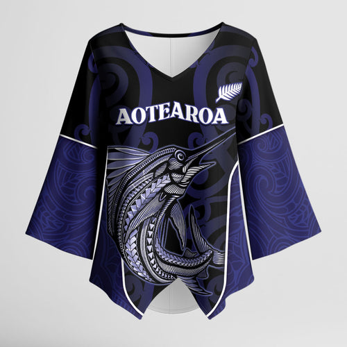 Personalised New Zealand Aotearoa Kimono Sleeve Blouse Blue Marlin Fishing Maori Pattern