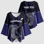 Personalised New Zealand Aotearoa Kimono Sleeve Blouse Blue Marlin Fishing Maori Pattern