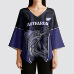 Personalised New Zealand Aotearoa Kimono Sleeve Blouse Blue Marlin Fishing Maori Pattern