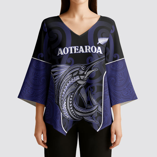 Personalised New Zealand Aotearoa Kimono Sleeve Blouse Blue Marlin Fishing Maori Pattern