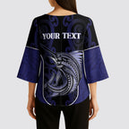 Personalised New Zealand Aotearoa Kimono Sleeve Blouse Blue Marlin Fishing Maori Pattern