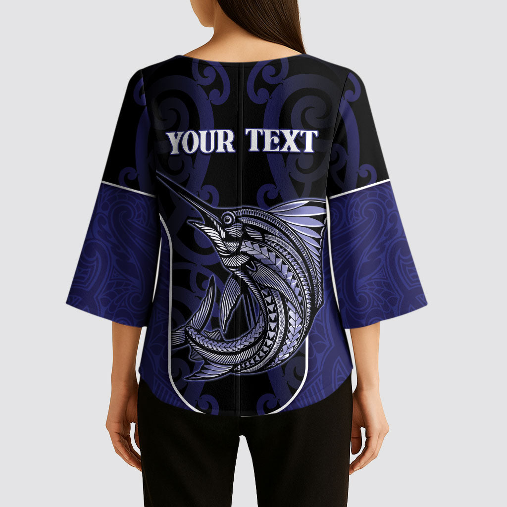 Personalised New Zealand Aotearoa Kimono Sleeve Blouse Blue Marlin Fishing Maori Pattern