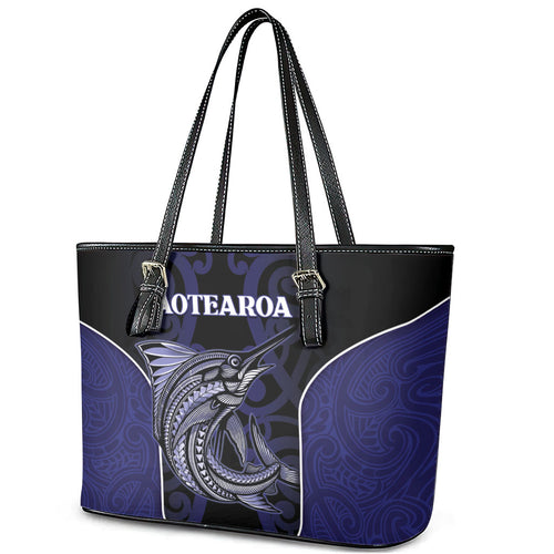 New Zealand Aotearoa Leather Tote Bag Blue Marlin Fishing Maori Pattern
