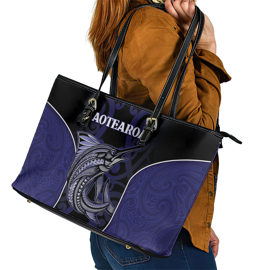 New Zealand Aotearoa Leather Tote Bag Blue Marlin Fishing Maori Pattern