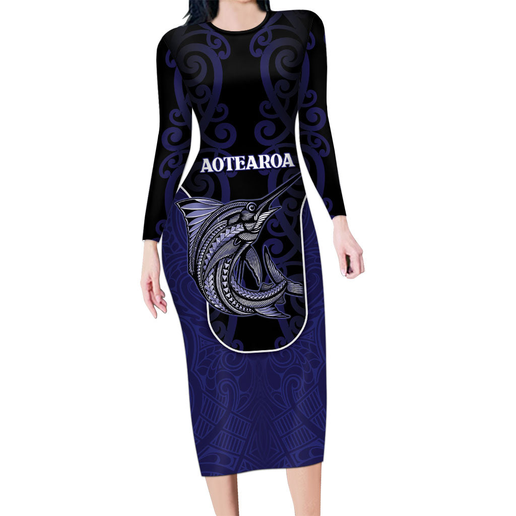 Personalised New Zealand Aotearoa Long Sleeve Bodycon Dress Blue Marlin Fishing Maori Pattern