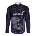Personalised New Zealand Aotearoa Long Sleeve Button Shirt Blue Marlin Fishing Maori Pattern