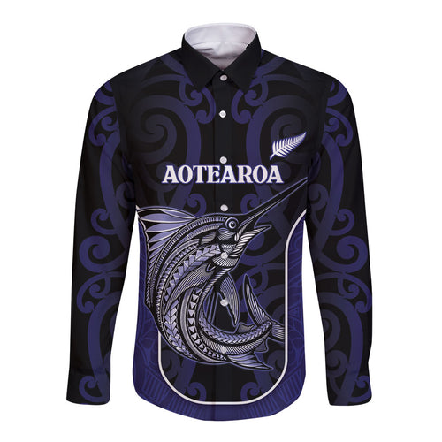 Personalised New Zealand Aotearoa Long Sleeve Button Shirt Blue Marlin Fishing Maori Pattern
