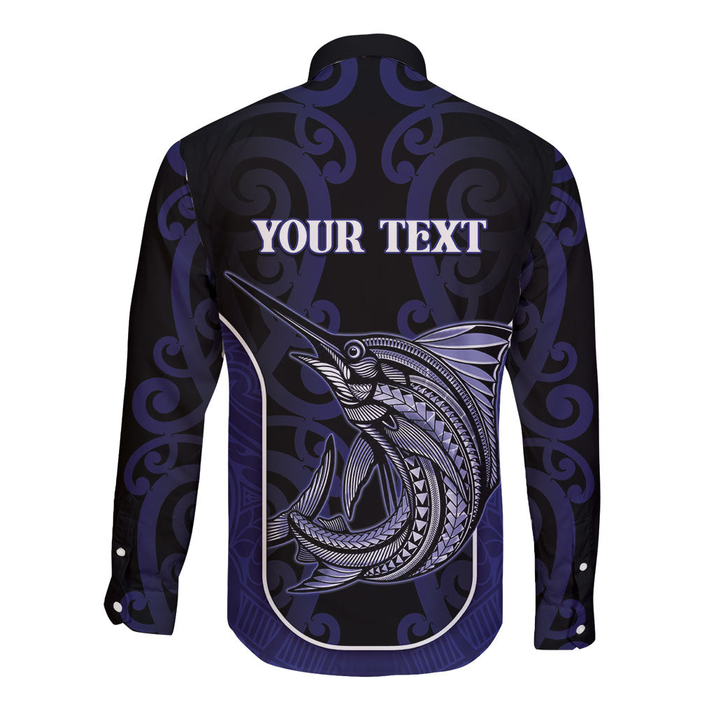 Personalised New Zealand Aotearoa Long Sleeve Button Shirt Blue Marlin Fishing Maori Pattern
