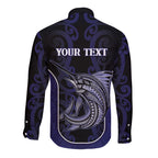 Personalised New Zealand Aotearoa Long Sleeve Button Shirt Blue Marlin Fishing Maori Pattern