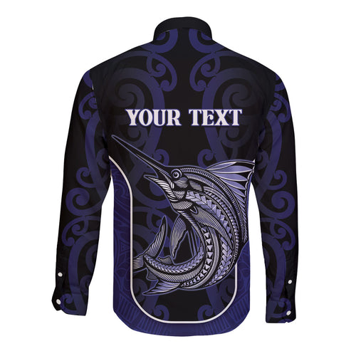 Personalised New Zealand Aotearoa Long Sleeve Button Shirt Blue Marlin Fishing Maori Pattern