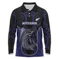 Personalised New Zealand Aotearoa Long Sleeve Polo Shirt Blue Marlin Fishing Maori Pattern