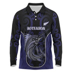 Personalised New Zealand Aotearoa Long Sleeve Polo Shirt Blue Marlin Fishing Maori Pattern