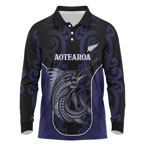 Personalised New Zealand Aotearoa Long Sleeve Polo Shirt Blue Marlin Fishing Maori Pattern