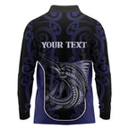 Personalised New Zealand Aotearoa Long Sleeve Polo Shirt Blue Marlin Fishing Maori Pattern