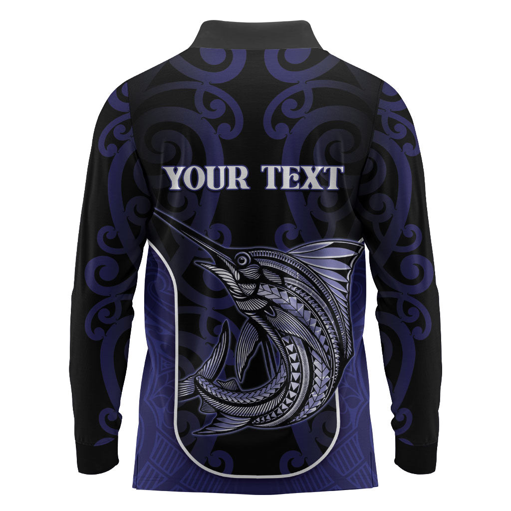 Personalised New Zealand Aotearoa Long Sleeve Polo Shirt Blue Marlin Fishing Maori Pattern