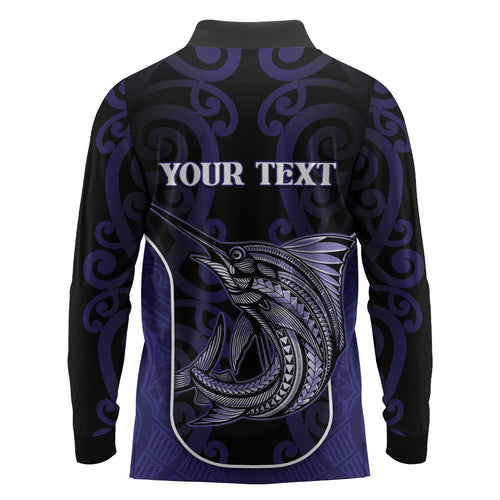 Personalised New Zealand Aotearoa Long Sleeve Polo Shirt Blue Marlin Fishing Maori Pattern