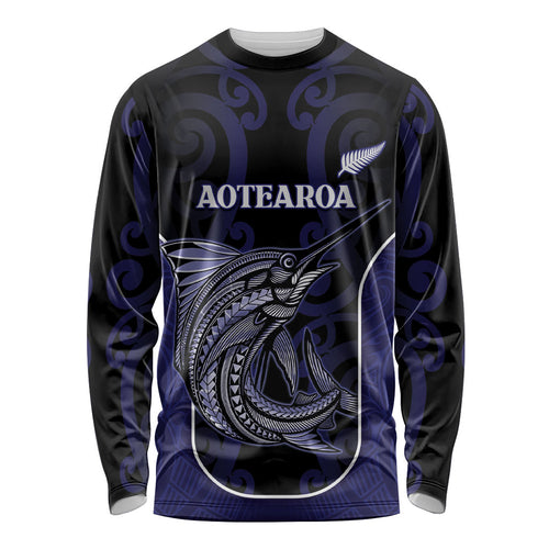 Personalised New Zealand Aotearoa Long Sleeve Shirt Blue Marlin Fishing Maori Pattern