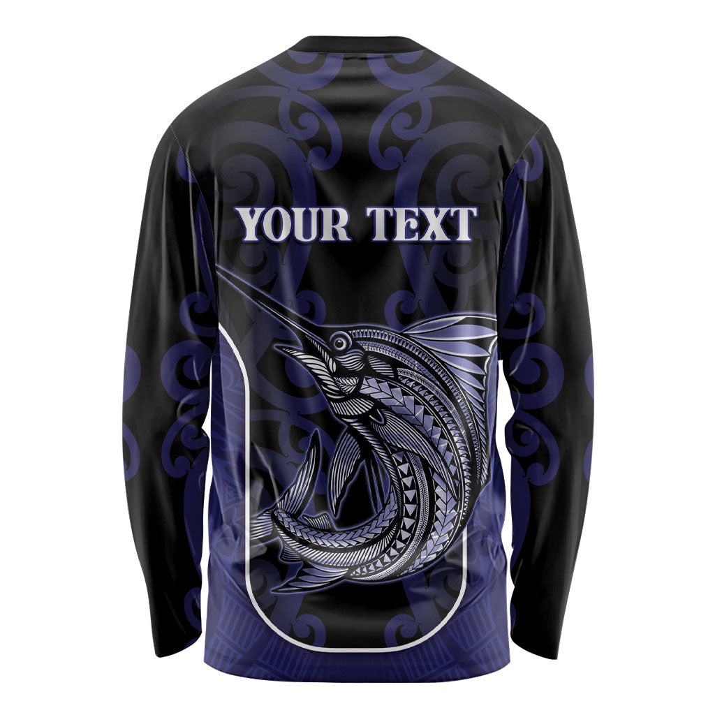 Personalised New Zealand Aotearoa Long Sleeve Shirt Blue Marlin Fishing Maori Pattern
