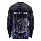 Personalised New Zealand Aotearoa Long Sleeve Shirt Blue Marlin Fishing Maori Pattern