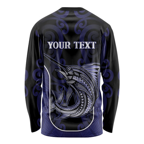 Personalised New Zealand Aotearoa Long Sleeve Shirt Blue Marlin Fishing Maori Pattern