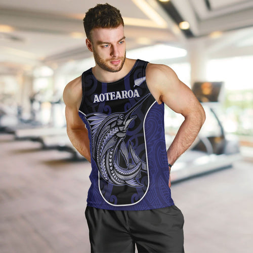 Personalised New Zealand Aotearoa Men Tank Top Blue Marlin Fishing Maori Pattern