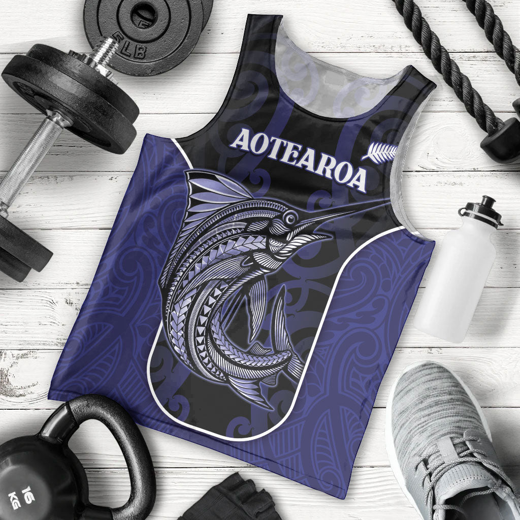 Personalised New Zealand Aotearoa Men Tank Top Blue Marlin Fishing Maori Pattern