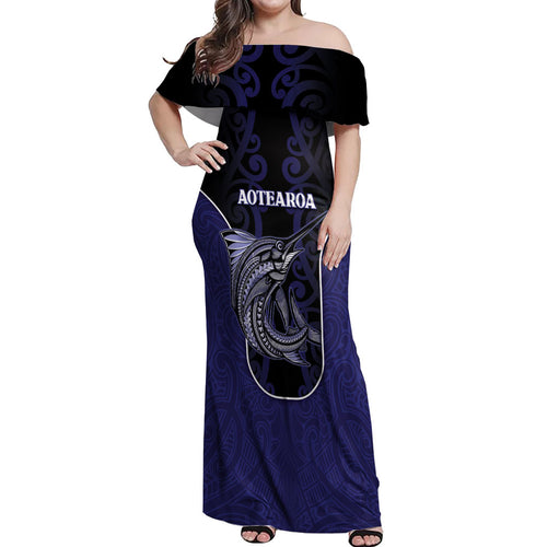 Personalised New Zealand Aotearoa Off Shoulder Maxi Dress Blue Marlin Fishing Maori Pattern