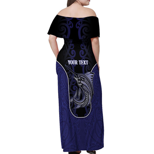 Personalised New Zealand Aotearoa Off Shoulder Maxi Dress Blue Marlin Fishing Maori Pattern