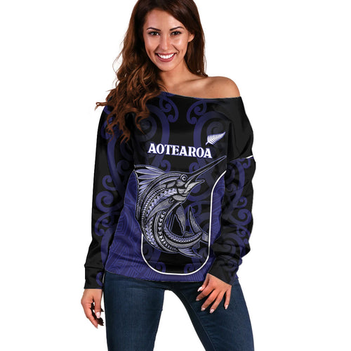 Personalised New Zealand Aotearoa Off Shoulder Sweater Blue Marlin Fishing Maori Pattern