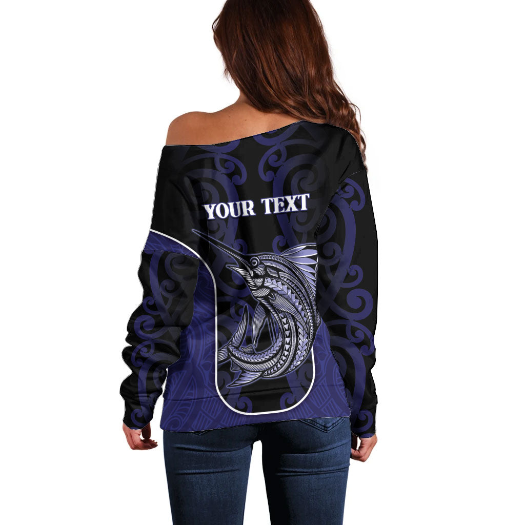 Personalised New Zealand Aotearoa Off Shoulder Sweater Blue Marlin Fishing Maori Pattern