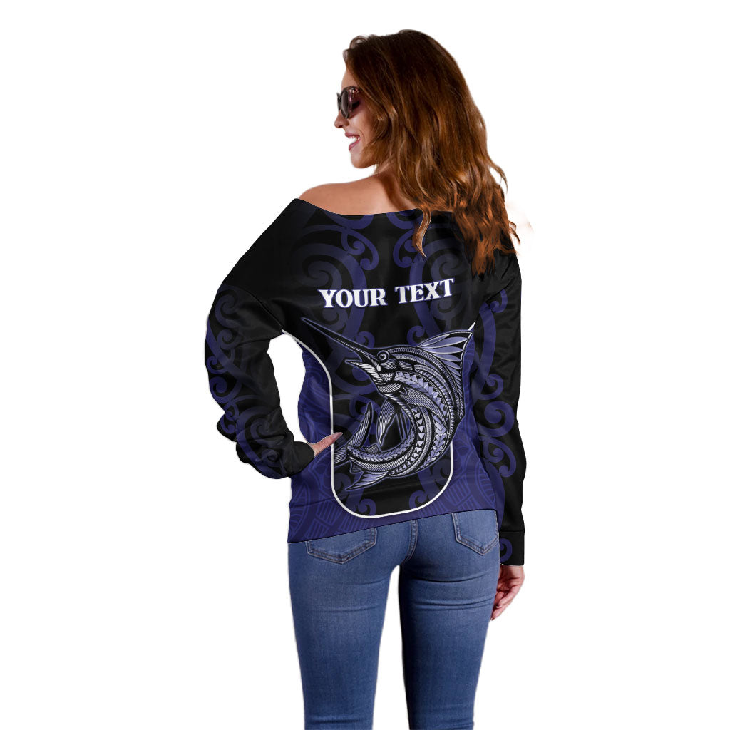 Personalised New Zealand Aotearoa Off Shoulder Sweater Blue Marlin Fishing Maori Pattern