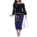 Personalised New Zealand Aotearoa Off The Shoulder Long Sleeve Dress Blue Marlin Fishing Maori Pattern