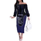 Personalised New Zealand Aotearoa Off The Shoulder Long Sleeve Dress Blue Marlin Fishing Maori Pattern