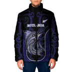 Personalised New Zealand Aotearoa Padded Jacket Blue Marlin Fishing Maori Pattern