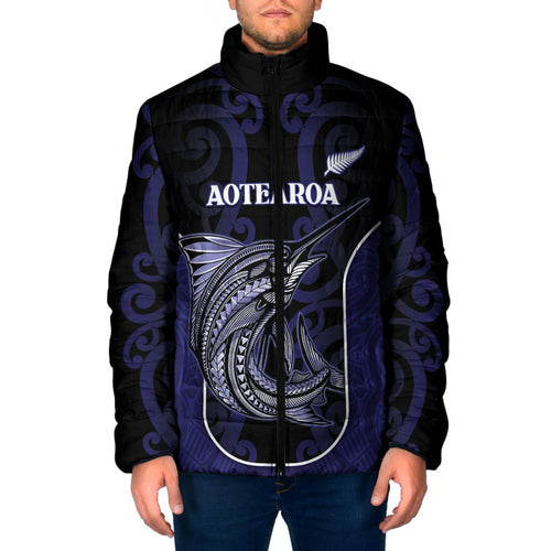 Personalised New Zealand Aotearoa Padded Jacket Blue Marlin Fishing Maori Pattern