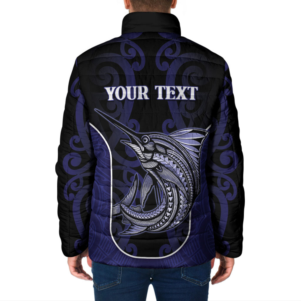 Personalised New Zealand Aotearoa Padded Jacket Blue Marlin Fishing Maori Pattern