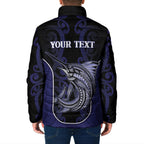 Personalised New Zealand Aotearoa Padded Jacket Blue Marlin Fishing Maori Pattern
