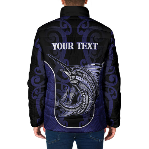 Personalised New Zealand Aotearoa Padded Jacket Blue Marlin Fishing Maori Pattern