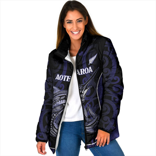 Personalised New Zealand Aotearoa Padded Jacket Blue Marlin Fishing Maori Pattern