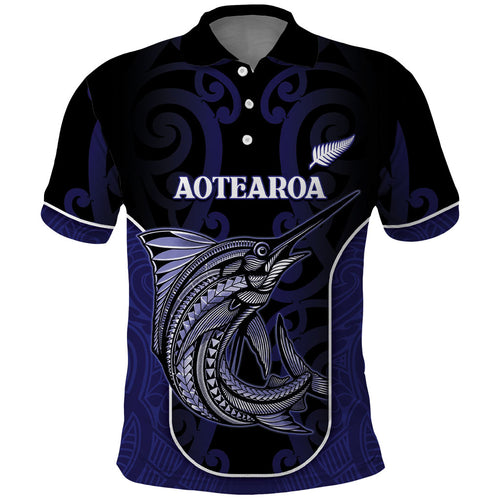 Personalised New Zealand Aotearoa Polo Shirt Blue Marlin Fishing Maori Pattern
