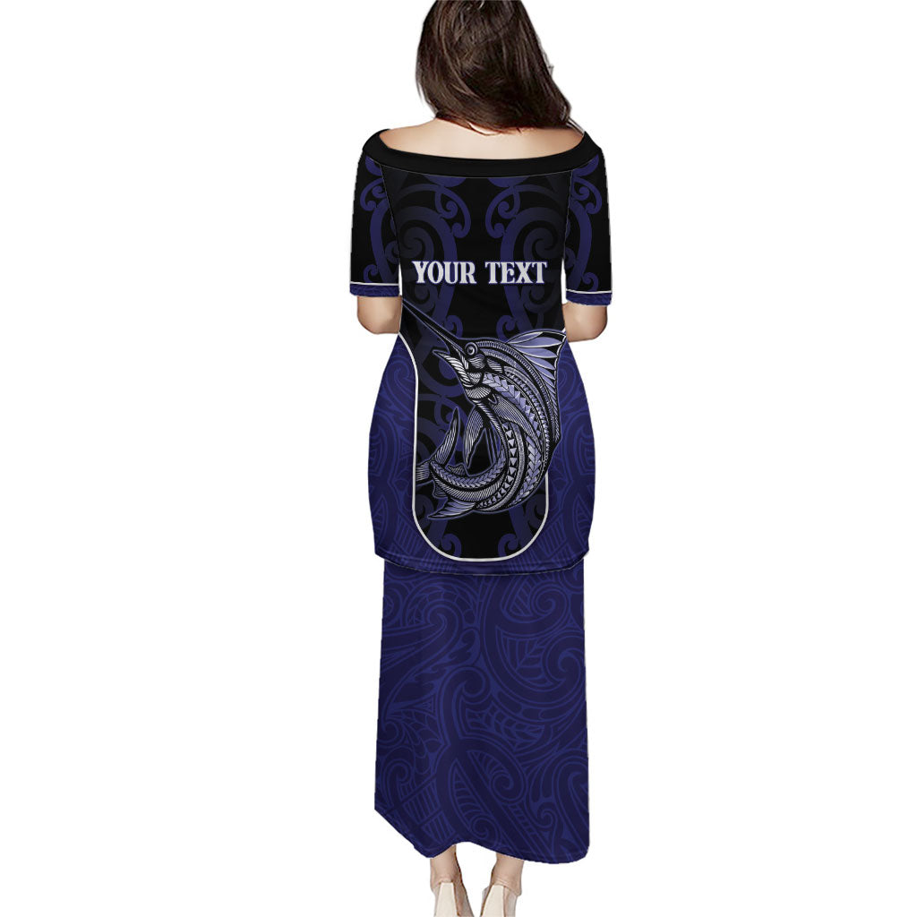 Personalised New Zealand Aotearoa Puletasi Blue Marlin Fishing Maori Pattern