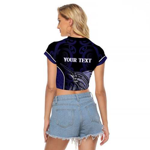 Personalised New Zealand Aotearoa Raglan Cropped T Shirt Blue Marlin Fishing Maori Pattern
