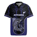 Personalised New Zealand Aotearoa Rugby Jersey Blue Marlin Fishing Maori Pattern