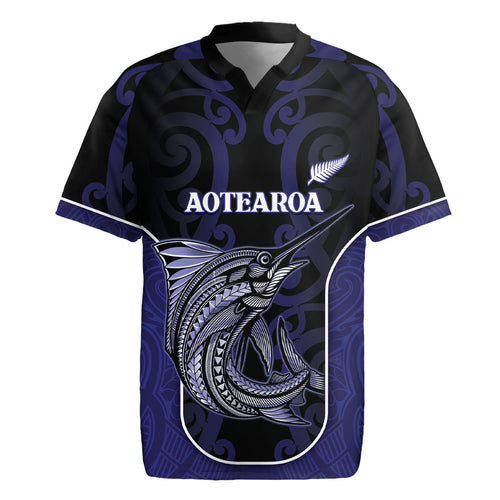 Personalised New Zealand Aotearoa Rugby Jersey Blue Marlin Fishing Maori Pattern