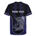 Personalised New Zealand Aotearoa Rugby Jersey Blue Marlin Fishing Maori Pattern