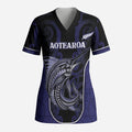 Personalised New Zealand Aotearoa Scrub Top Blue Marlin Fishing Maori Pattern