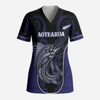 Personalised New Zealand Aotearoa Scrub Top Blue Marlin Fishing Maori Pattern